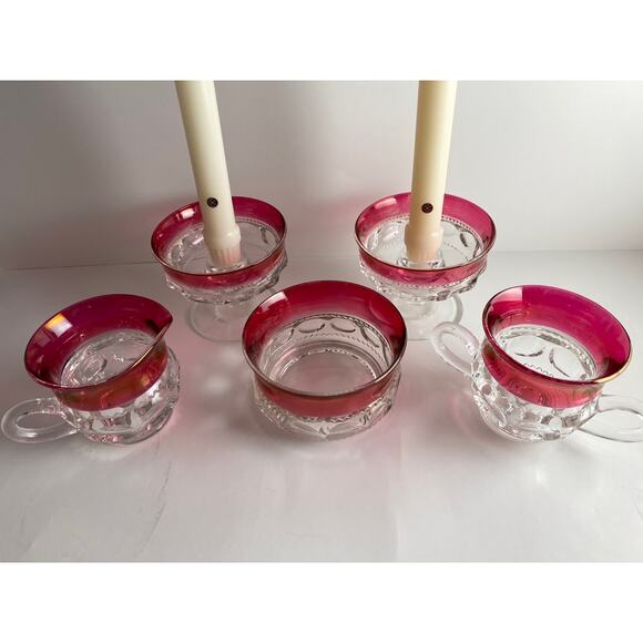 Vintage Tiffin Franciscan Ruby Flash 5 Piece Table Set - Kings Crown Holiday Set